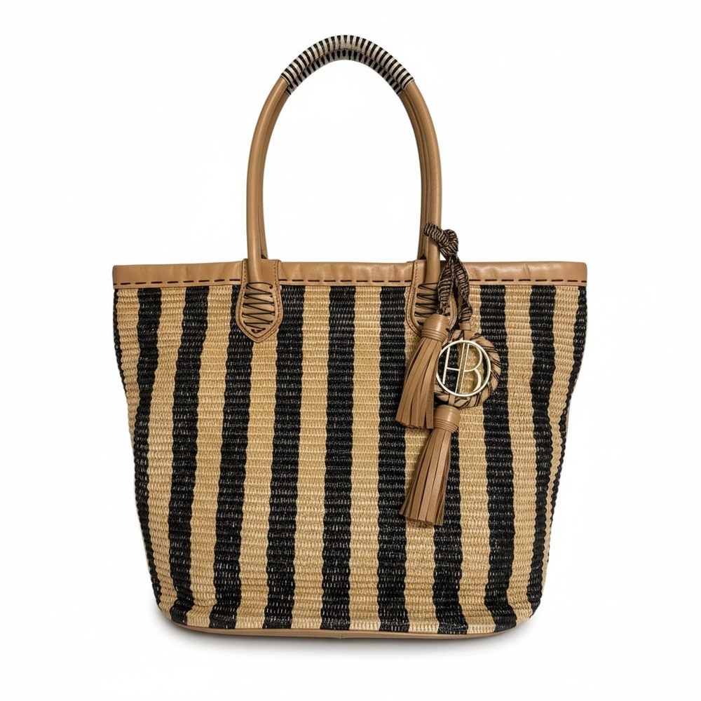 Henri Bendel Black and Tan Striped Leather and Straw Tote Bag